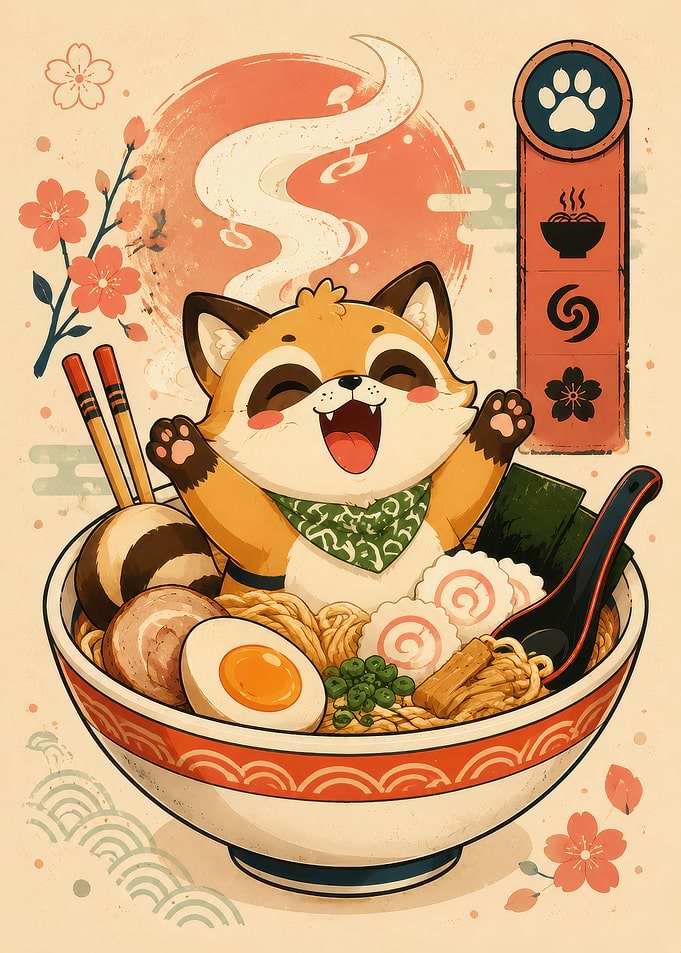 Cute Raccoon Enjoying Ramen Bowl