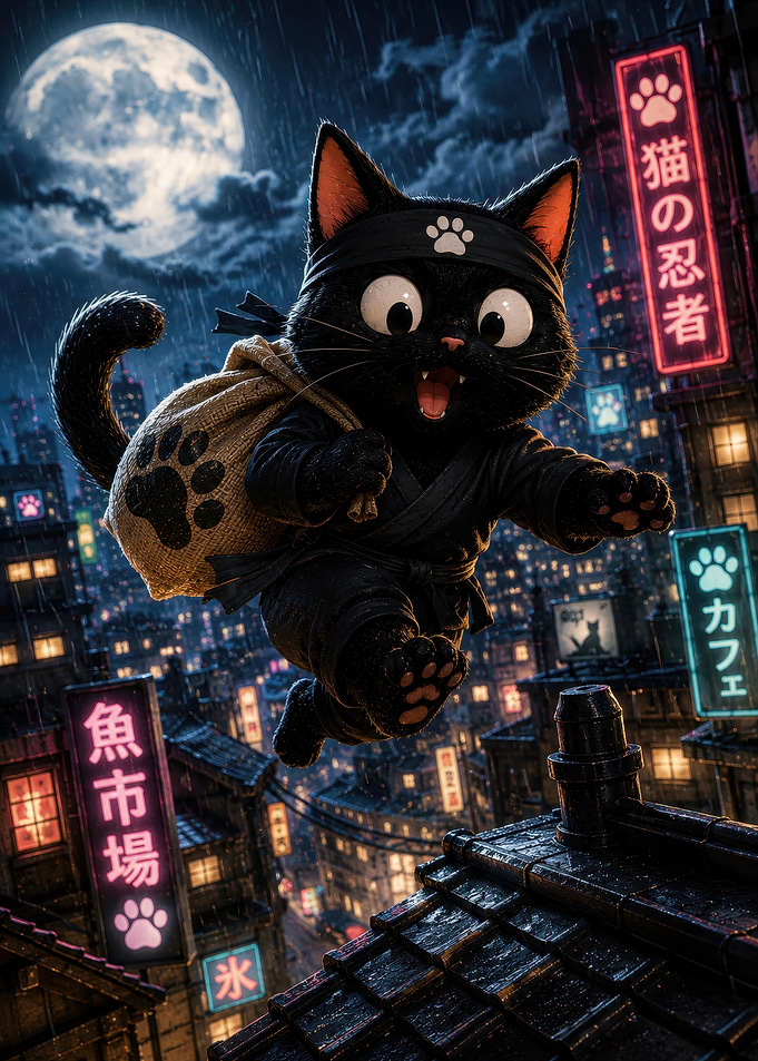 Cute Ninja Cat Leaping Over City