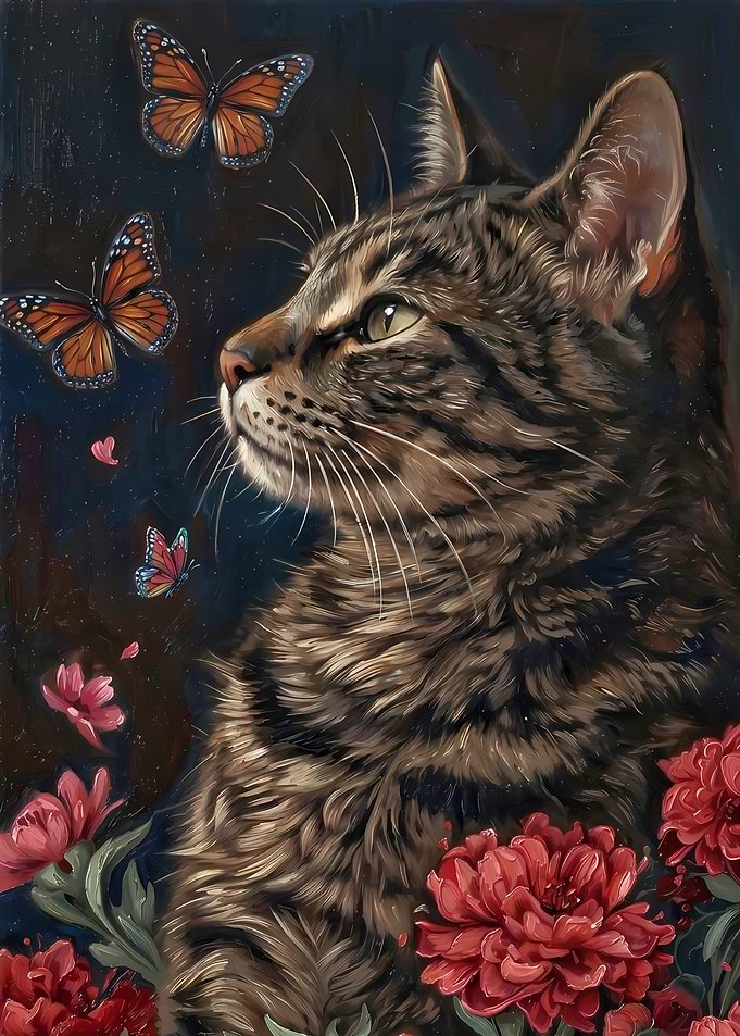 Tabby Cat with Butterflies and Flowers
