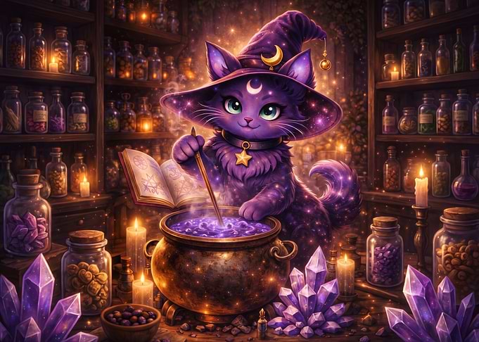 Cute Purple Witch Cat Brewing Potion
