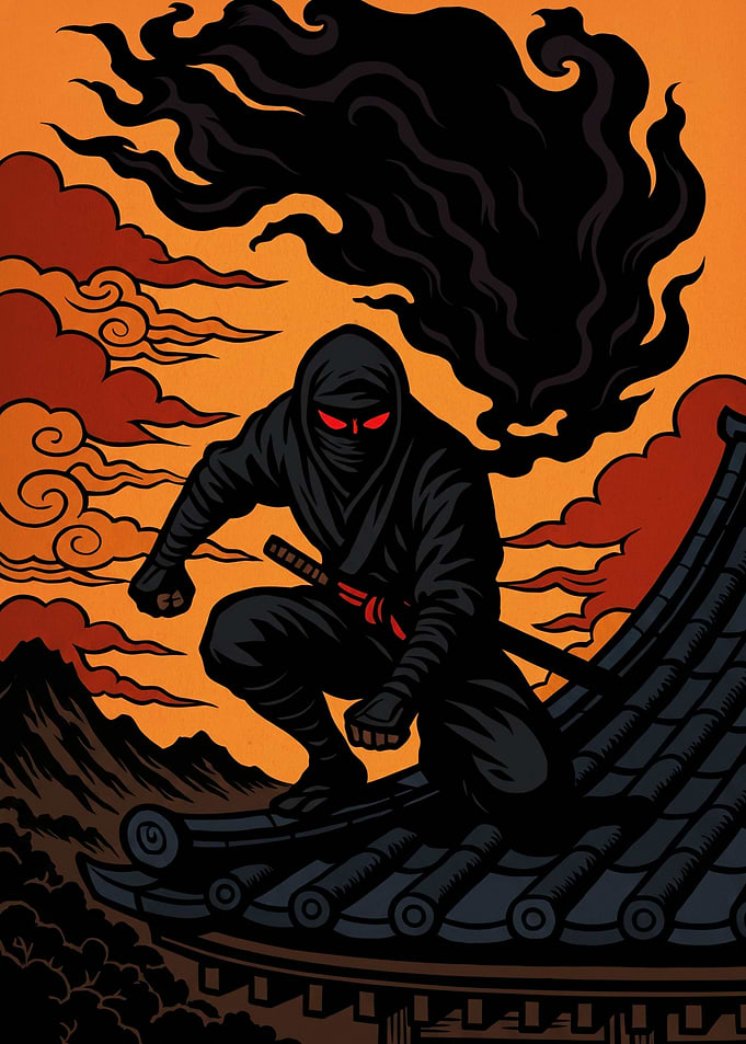 Stealthy Ninja on Temple Roof