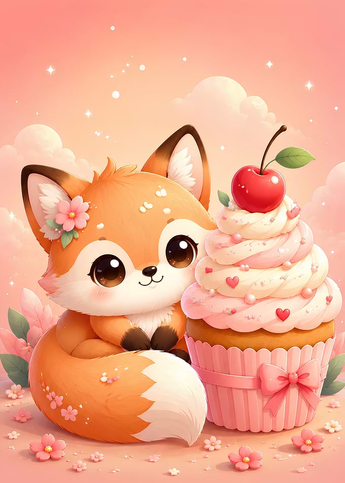 Cute Fox with Pink Cupcake