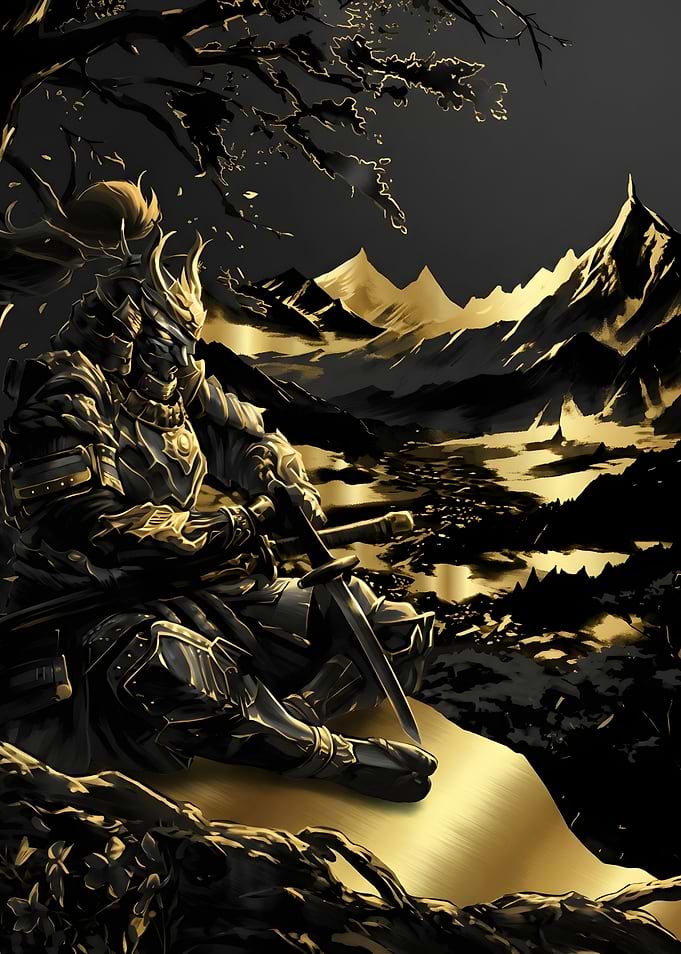 Golden Samurai Warrior in Mountain Landscape