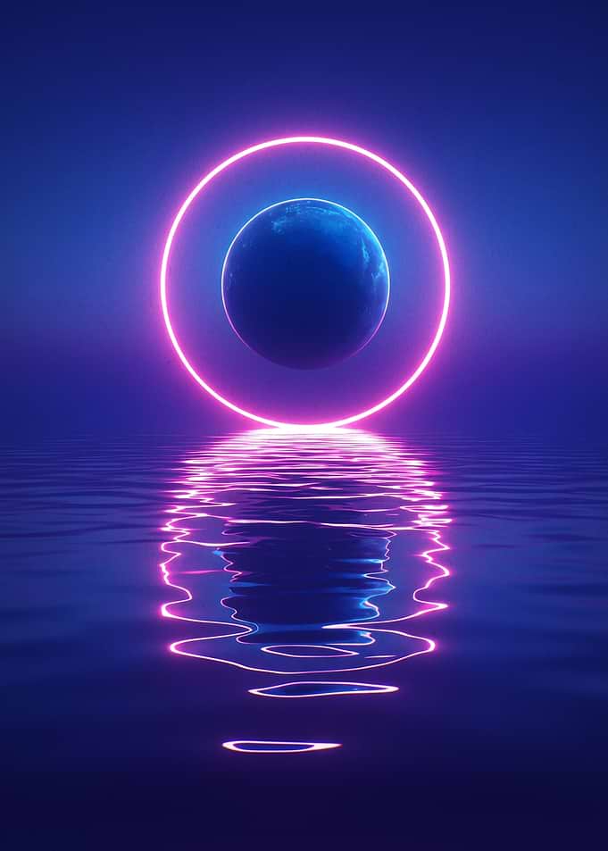 Neon Planet Over Still Water