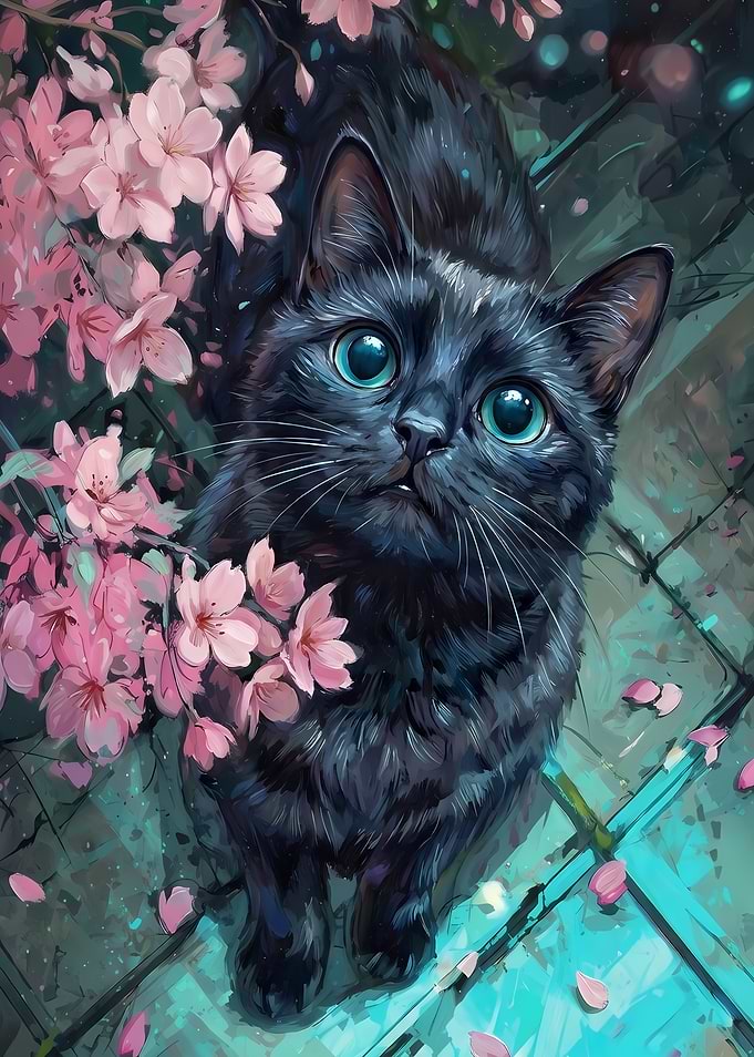 Black Cat Under Cherry Blossoms