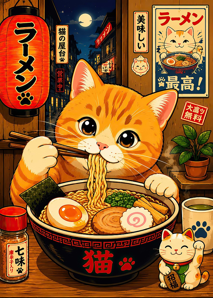 Cute Orange Cat Eating Ramen