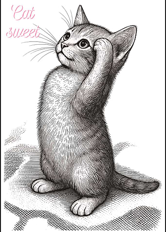 Engraved Illustration of a Cute Kitten