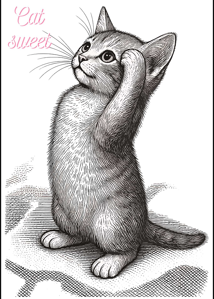 Engraved Illustration of a Cute Kitten
