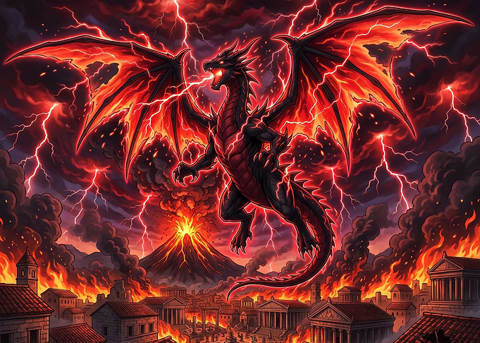 Black Dragon Attacking Ancient City