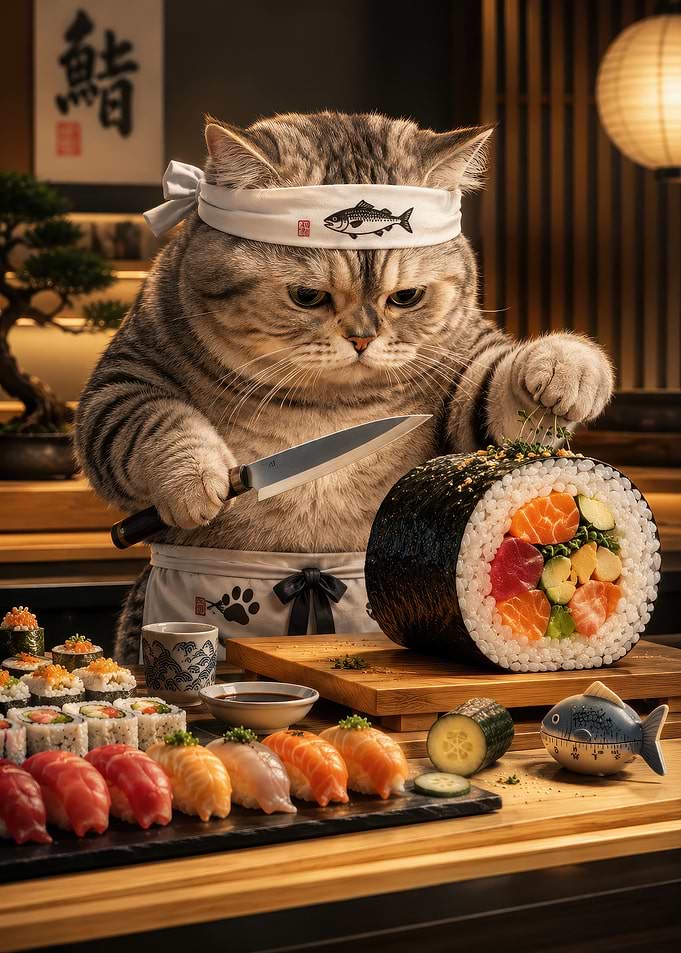 Cat Sushi Chef Preparing Rolls