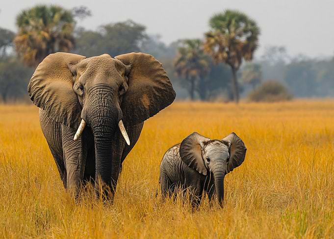 Mother Elephant and Calf in Savanna