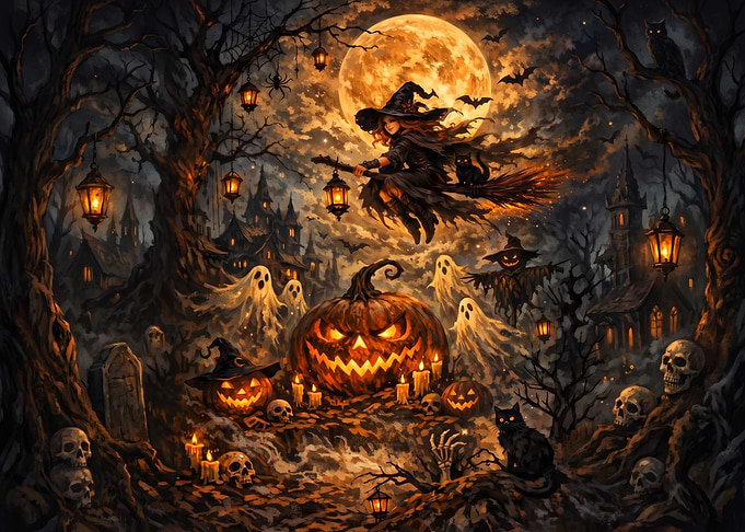 Enchanted Halloween Witch and Pumpkin Scene