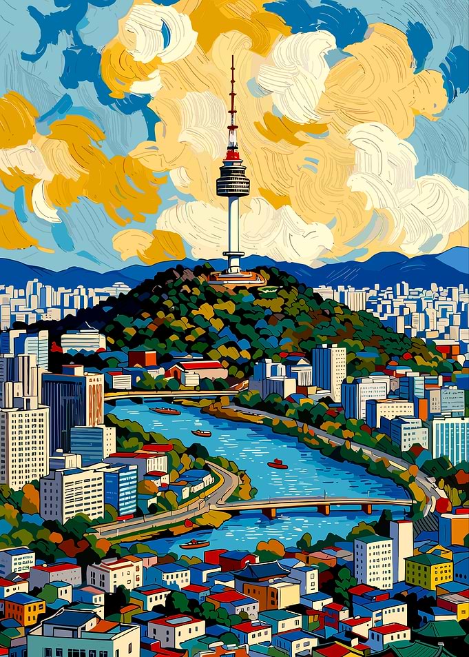 N Seoul Tower Cityscape Painting
