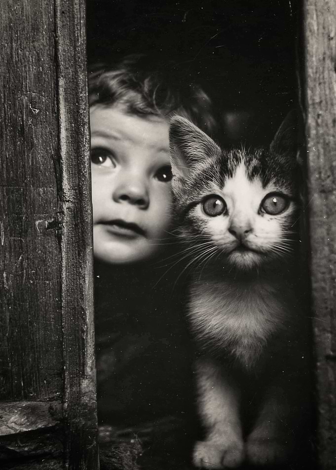 Child and Kitten Peeking Through Doorway