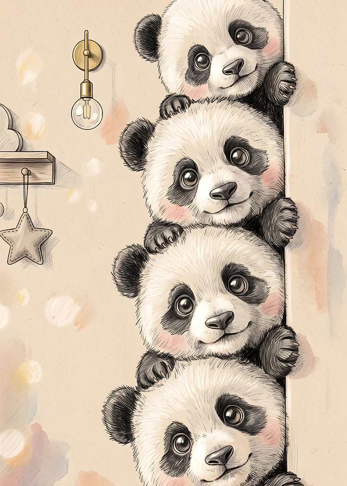 Four Cute Pandas Stacked Together Peeking Panda Stack - Cute Baby Pandas Nursery Wall Art Metal Poster