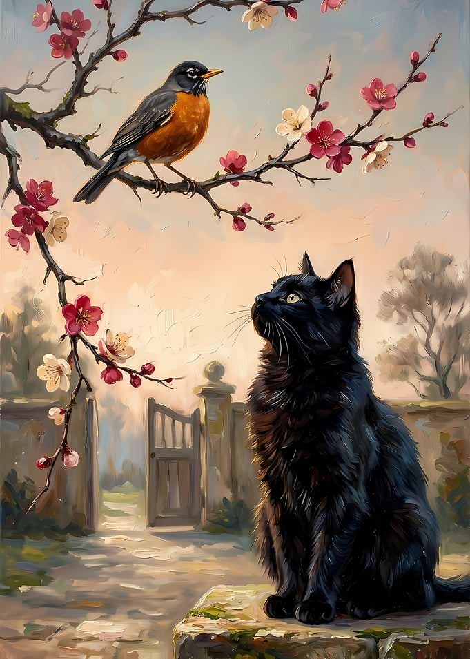 Black Cat Watching a Robin