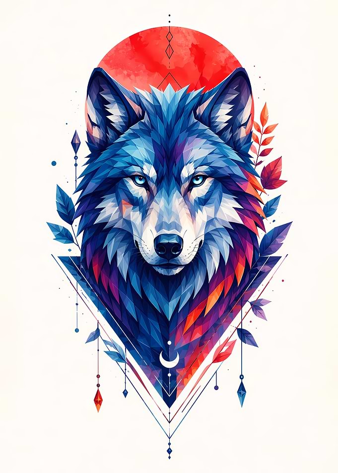 Geometric Wolf Portrait with Red Sun