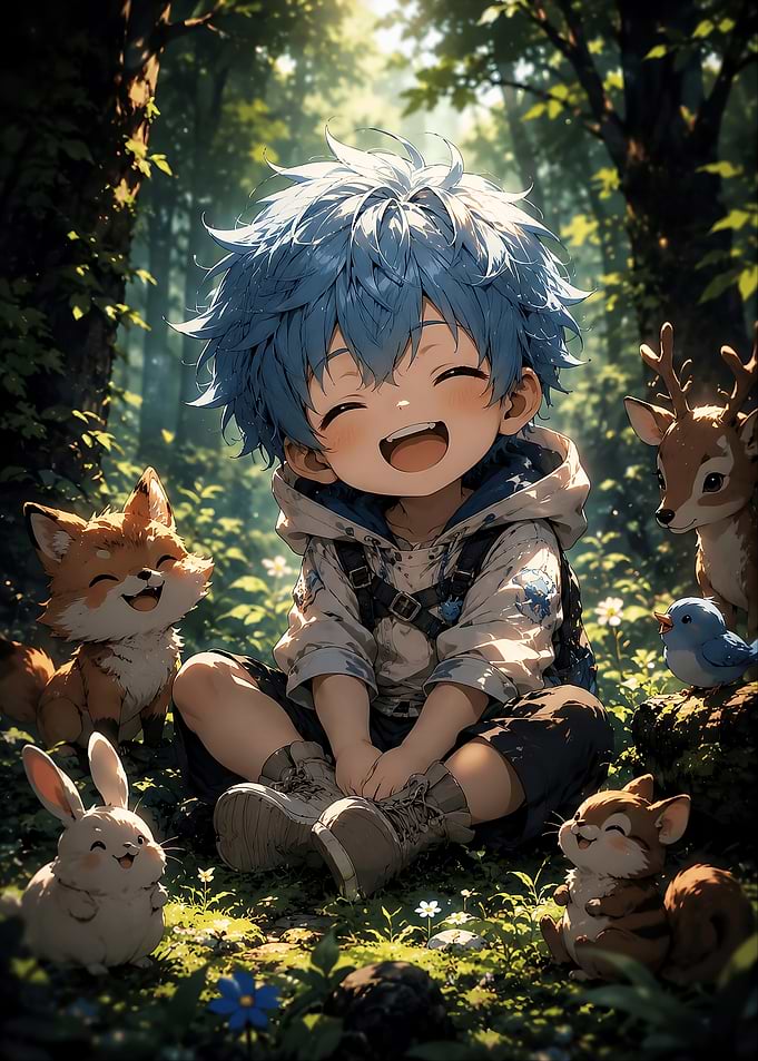 Happy Anime Boy with Forest Animals