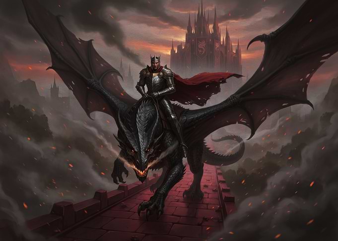 Knight Riding Dragon Toward Dark Castle