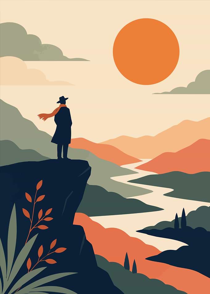 Minimalist Traveler Overlooking Mountain Valley Boho Art