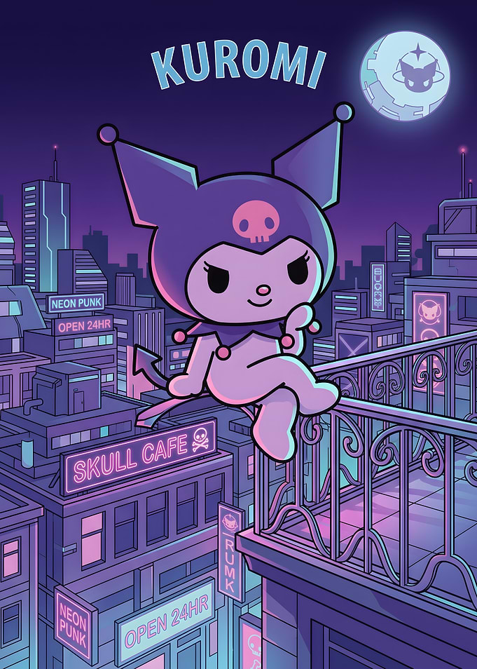 Kuromi Cyberpunk City Rooftop Illustration