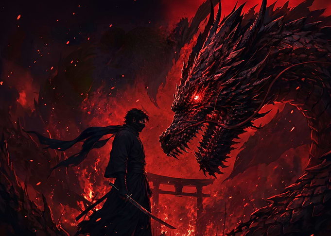 Ninja Facing a Fearsome Dragon