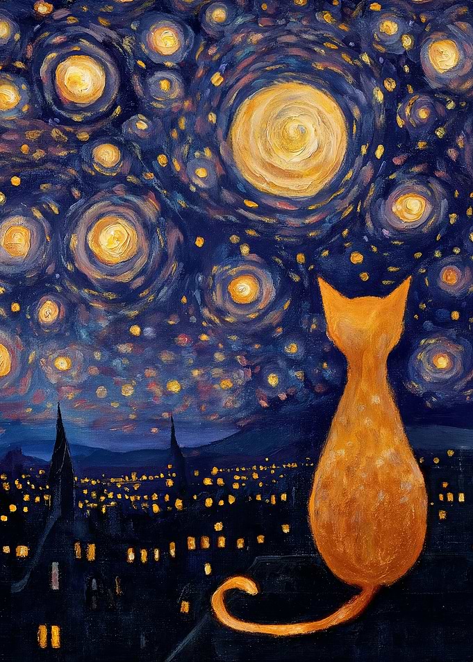 Orange Cat Under Starry Night Sky