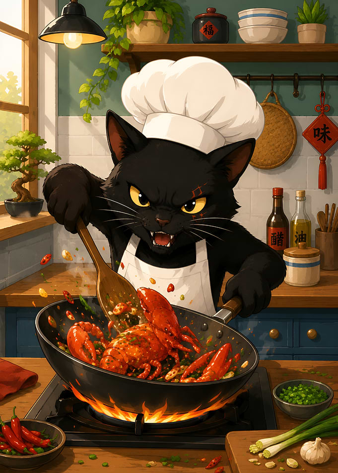 Fierce Black Cat Chef Cooking Lobster