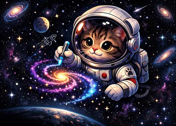 Cute Astronaut Cat Painting a Galaxy