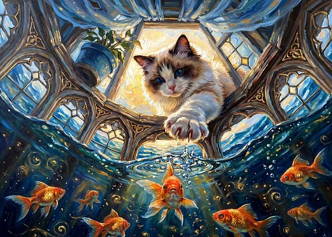 Cat Reaching for Goldfish in Water