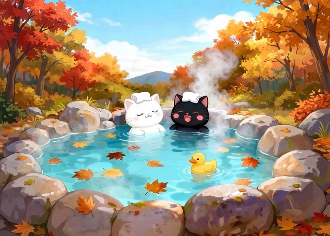 Cute Cats Relaxing in Hot Spring