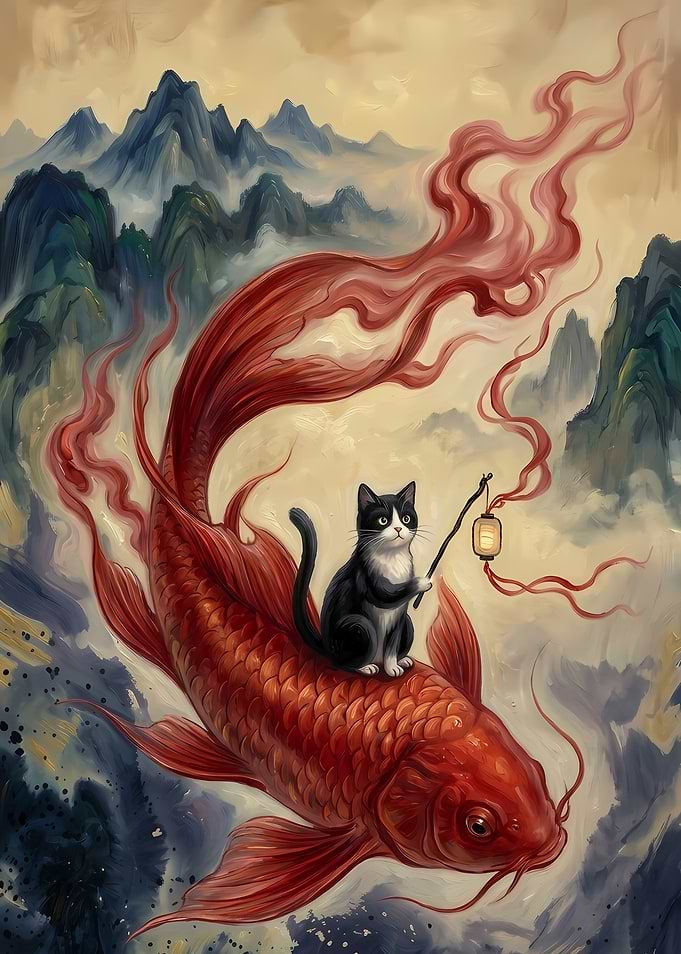 Cat Riding a Giant Koi Fish
