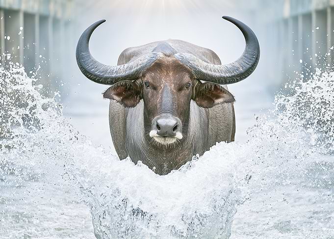 Water Buffalo Charging Through Water