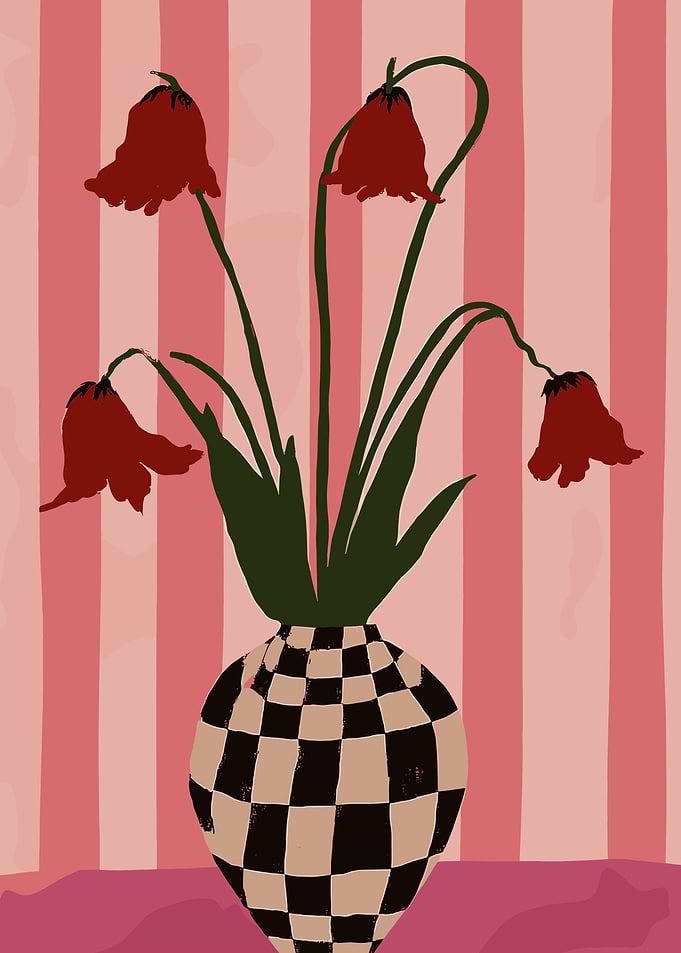 Modern Checkered Vase with Red Bell Flowers Minimalist Botanical Wall Art Poster