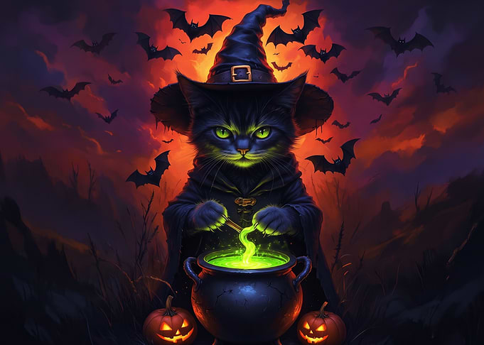 Witch Cat Brewing Halloween Potion