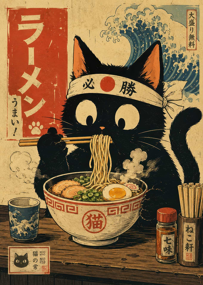 Black Cat Eating Ramen