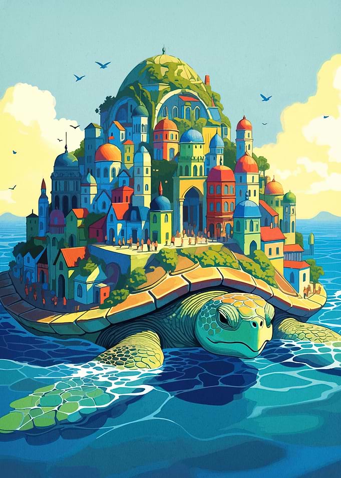 Giant Turtle Carrying a Colorful City