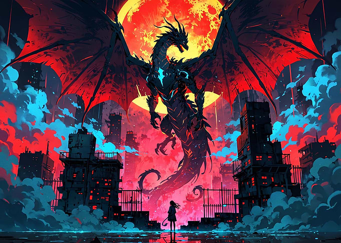 Dragon Overlooking a Ruined City