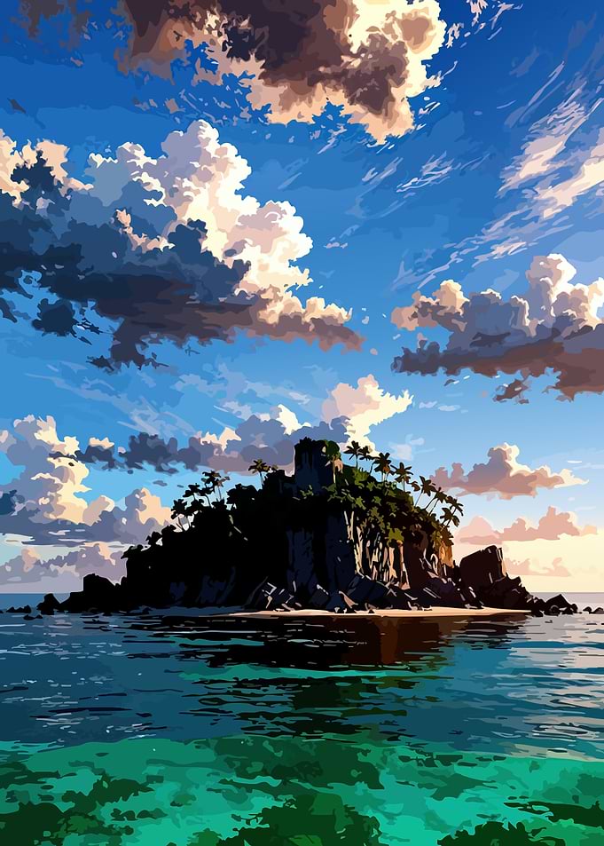 Tropical Island Under Dramatic Sky