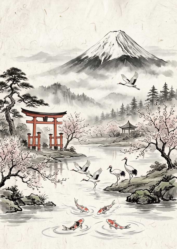 Mount Fuji Landscape with Cranes