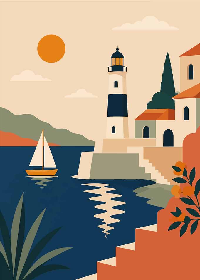 Coastal Lighthouse and Sailboat Minimalist Art