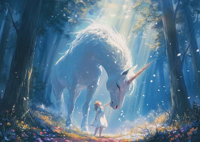 Girl Touching a Majestic Unicorn