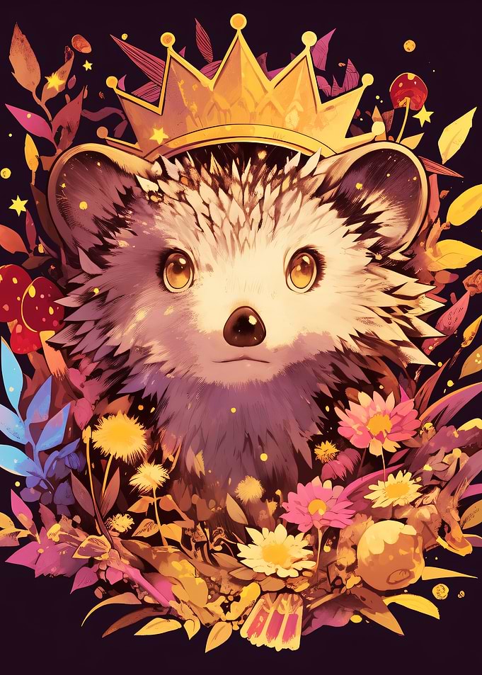Royal Hedgehog in Floral Garden