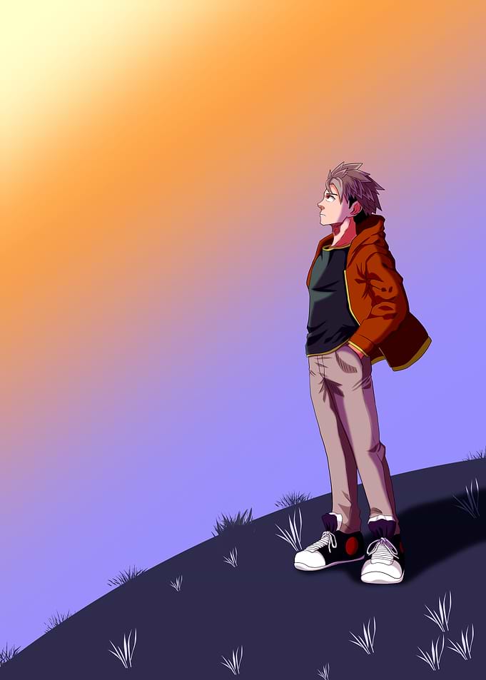 Anime Boy Standing on Hillside