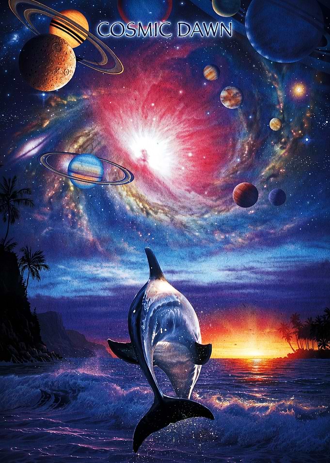 Cosmic Dawn Dolphin Ocean Scene
