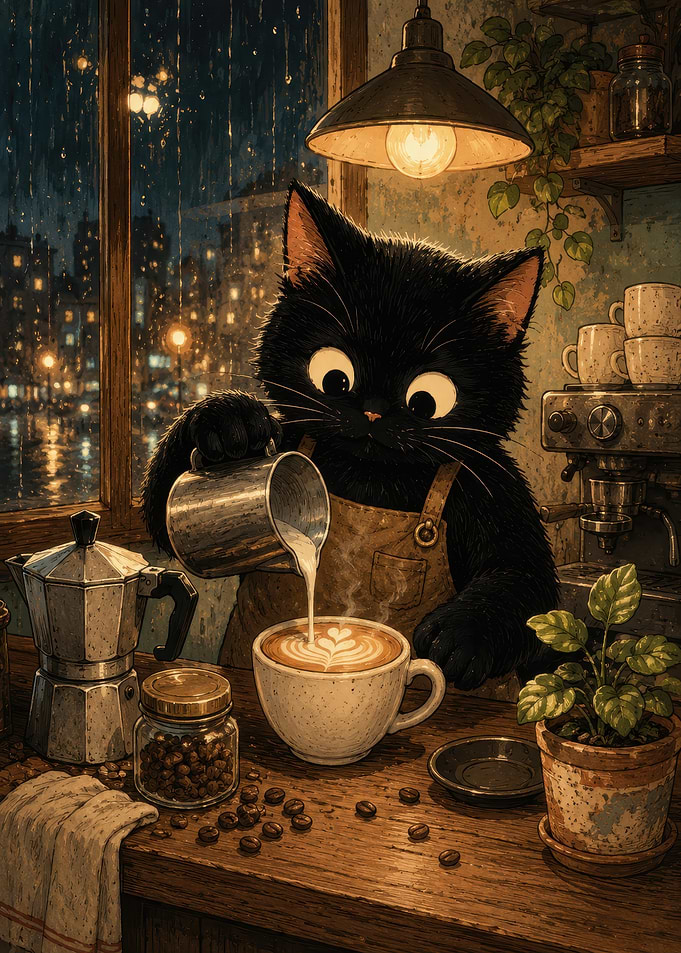 Black Cat Barista Making Latte Art
