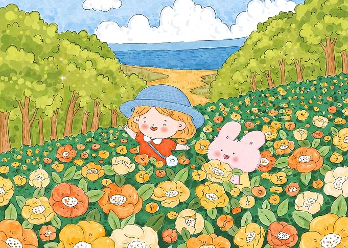 Girl and Bunny in Flower Field