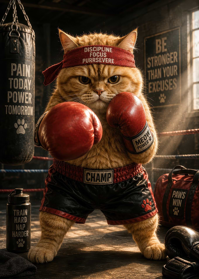 Determined Ginger Cat Boxer Champion