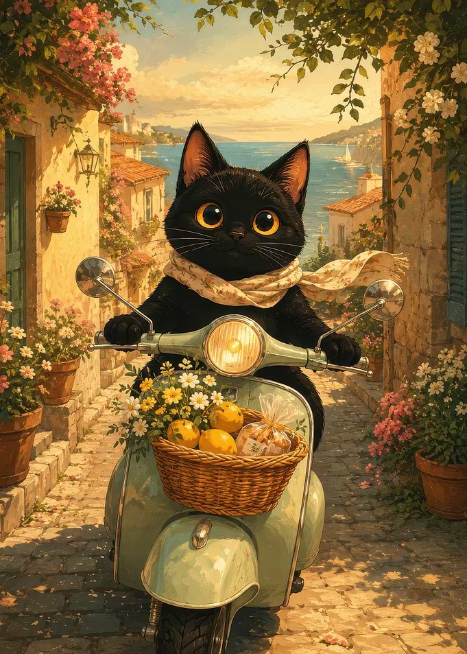 Black Cat Riding Vintage Scooter