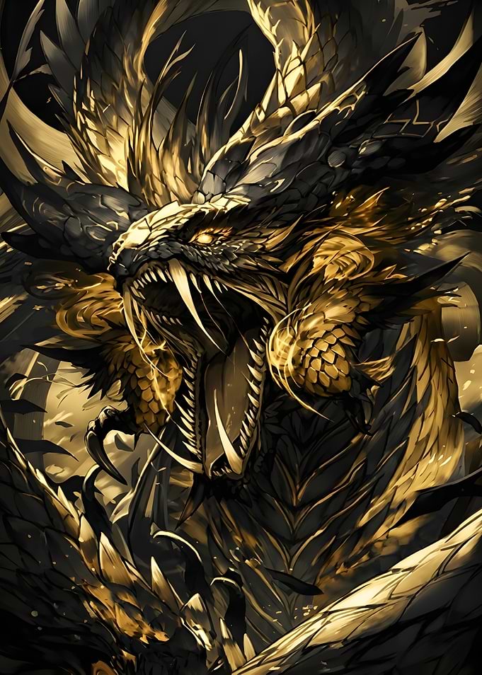 Fierce Golden Black Dragon Portrait